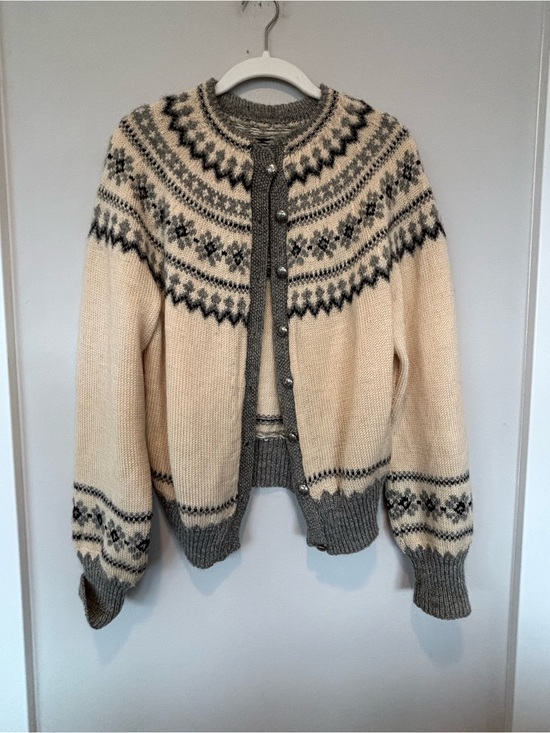Sweaters - Wool Nordic-Style Cardigan Sweater - Cream & Gray